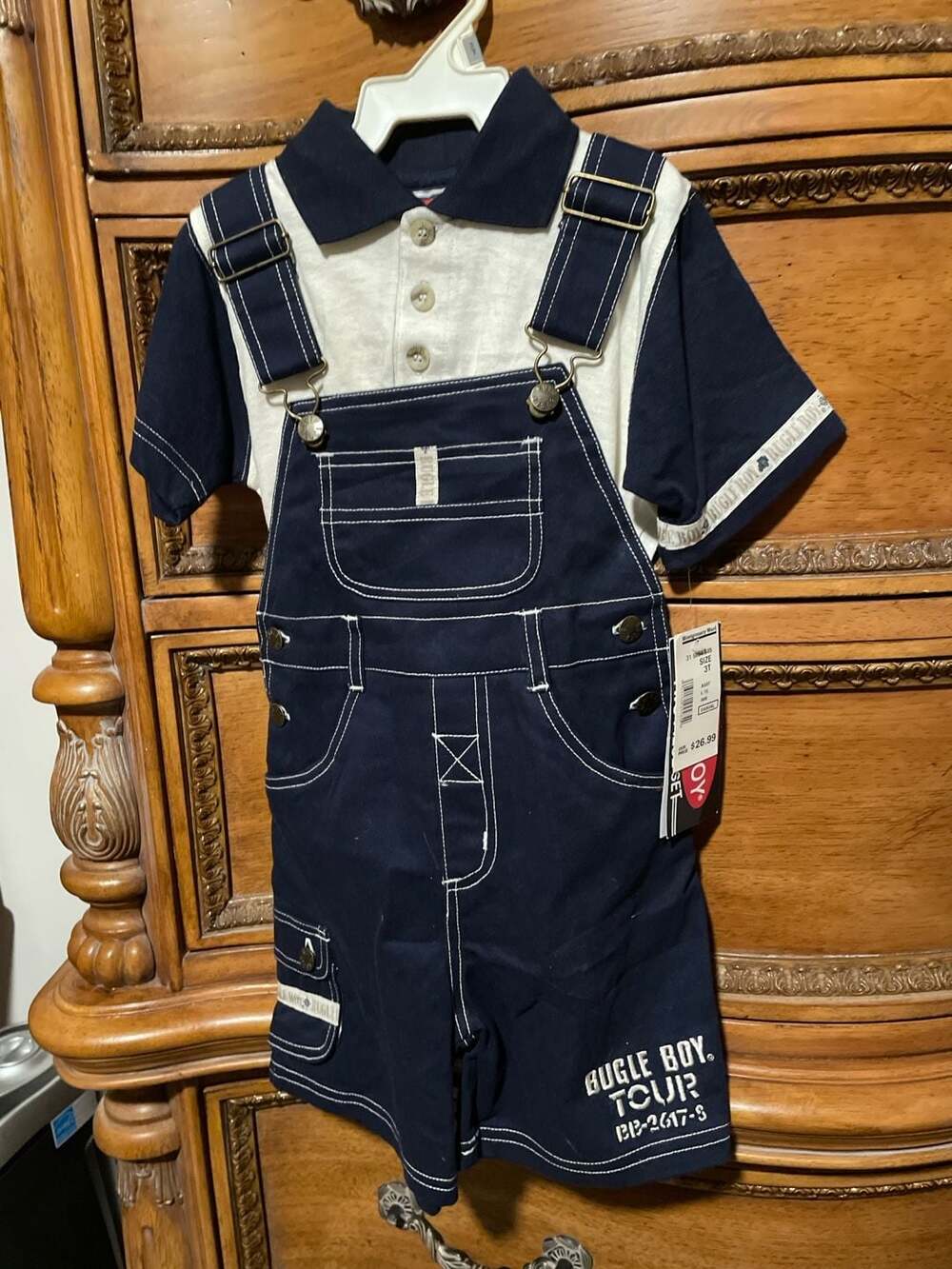 Vintage Bugle Boy Tour Toddler 3T 2-Piece Navy Blue Shortall Overalls and Polo S